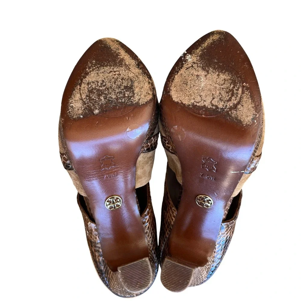 Tory Burch Suede Snakeskin Platform‎ Heels Peep Toe Sandals 7.5M Brown MSRP $425